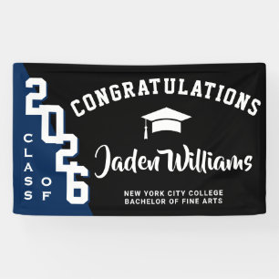 Modern Black Blue Graduation Class of 2025 Party Banner