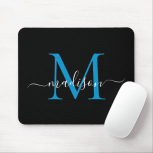 Modern Black Blue Monogram Elegant Girly Script Mouse Mat