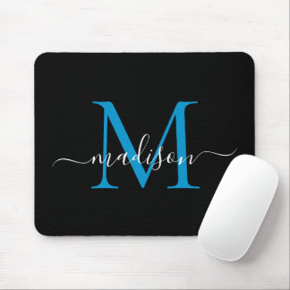 Modern Black Blue Monogram Elegant Girly Script Mouse Mat