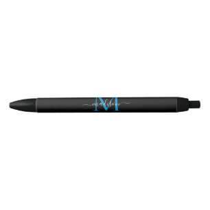 Modern Black Blue Monogram Elegant Script Name Ink Pen