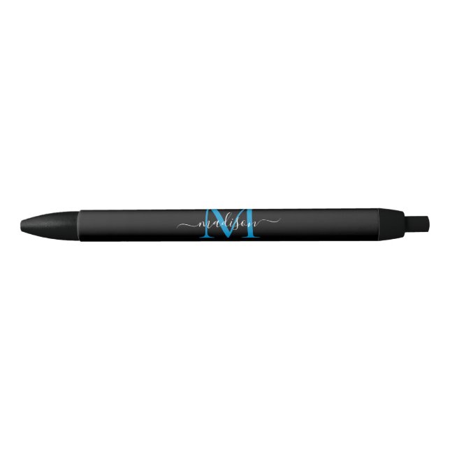 Modern Black Blue Monogram Elegant Script Name Ink Pen (Front)