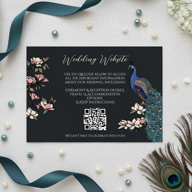 Modern Black Blue Peacock Website QR Code Enclosure Card (Peacock Wedding Wedding Website or RSVP Cards. QR Code. Chic Floral Teal Peacock & Magnolia Flowers)