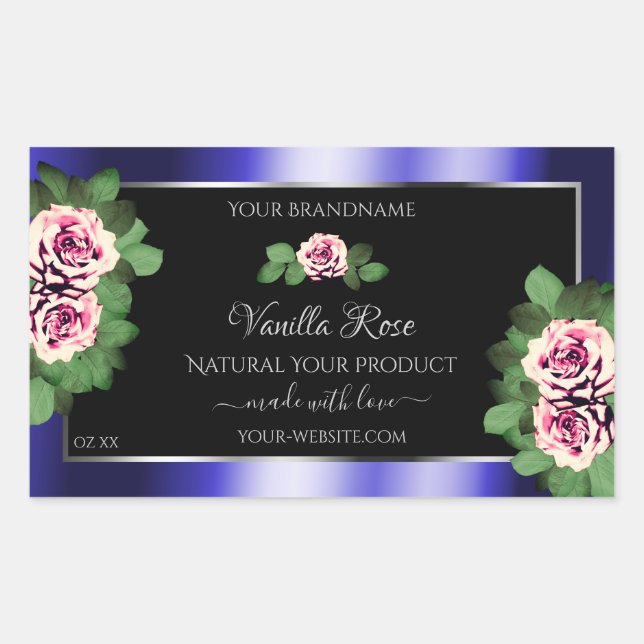 Modern Black Blue Product Labels Floral Pink Roses (Front)