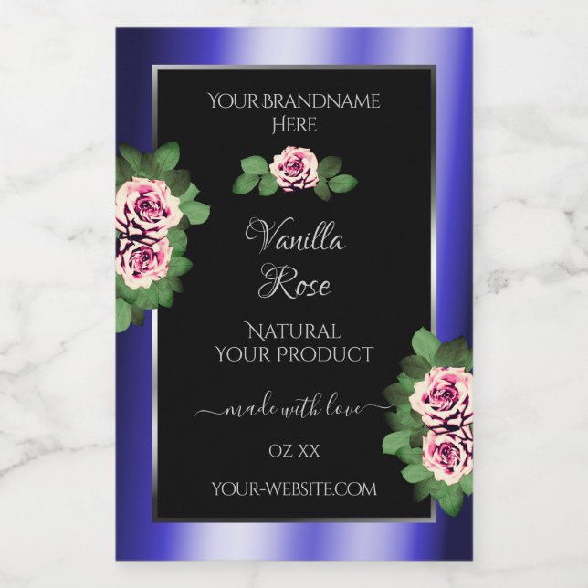 Modern Black Blue Product Labels Floral Pink Roses (Single Label)