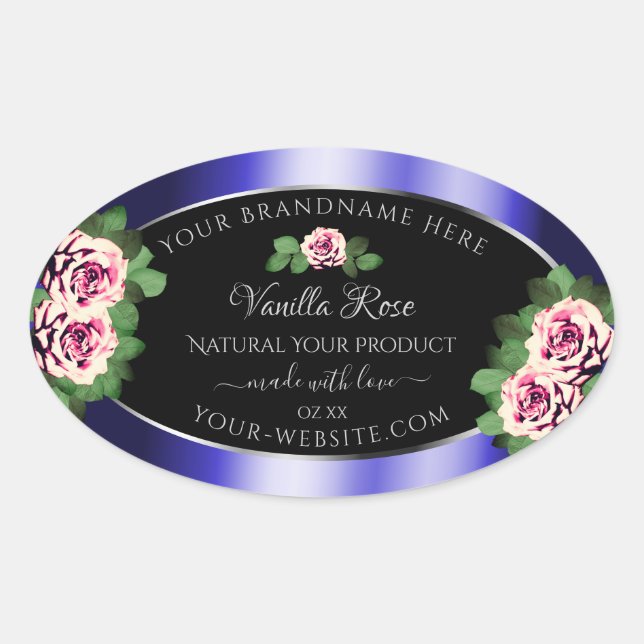 Modern Black Blue Product Labels Floral Pink Roses (Front)