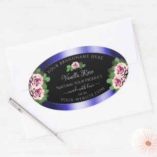 Modern Black Blue Product Labels Floral Pink Roses