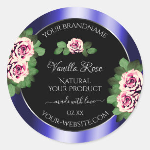 Modern Black Blue Product Labels Floral Pink Roses