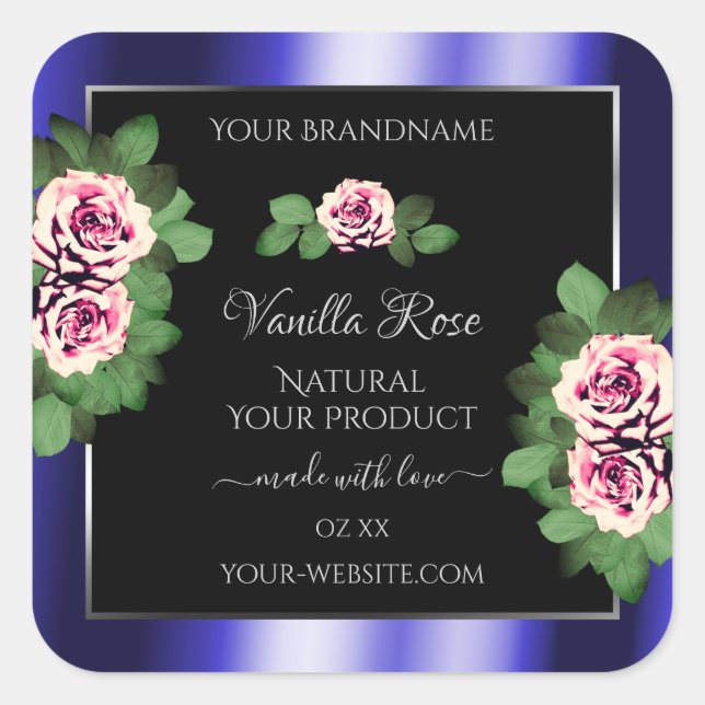 Modern Black Blue Product Labels Floral Pink Roses (Front)