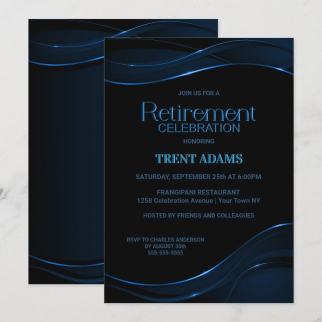 Modern Black Blue Retirement Celebration Invitation (Front/Back)