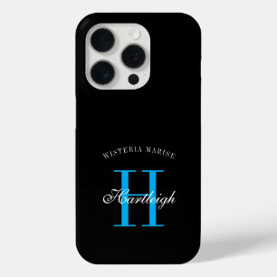 Modern Black Blue White Monogram Name iPhone 15 Pro Case