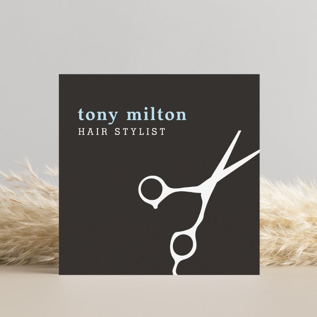 Modern Black Blue White Scissors Hair Stylist Square Business Card (Creator Uploaded)