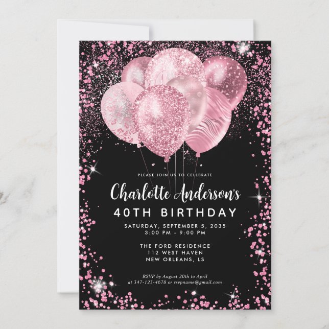 Modern Black Blush Pink Glitter Balloon Birthday Invitation (Front)