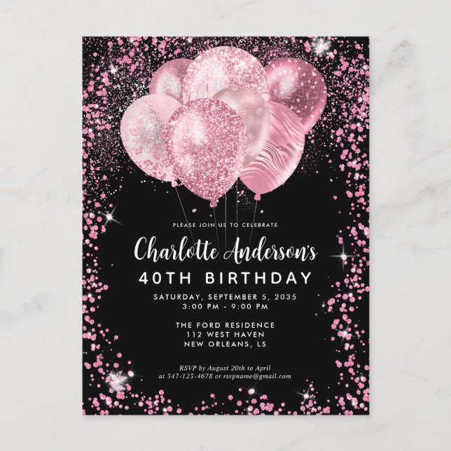 Modern Black Blush Pink Glitter Balloon Birthday Postcard (Front)