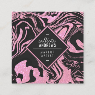 Modern Black Blush Pink Glitter Marble Makeup Square Business Card