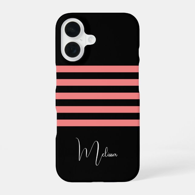 Modern Black Blush Pink Stripe Monogrammed iPhone 16 Case (Back)