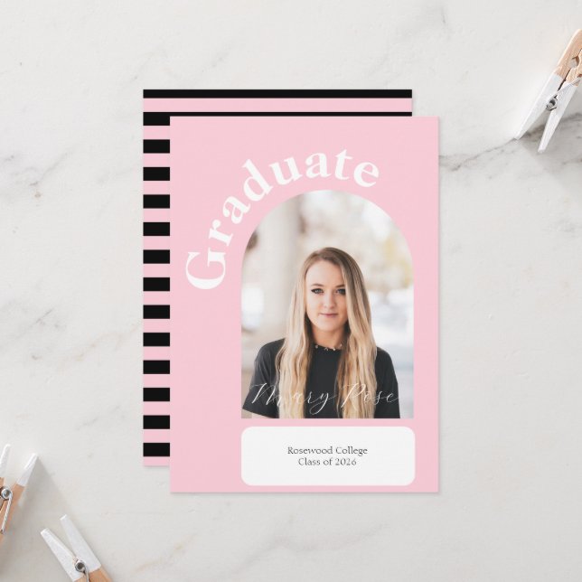 Modern Black & Blush Pink Striped Graduation Invitation (Front/Back In Situ)