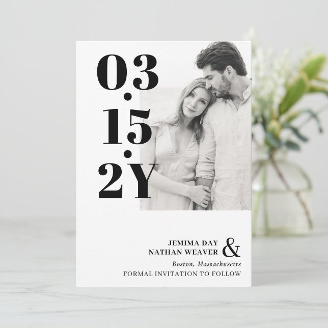 Modern Black Bold Typography Photo Save The Date (Standing Front)
