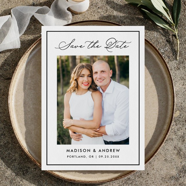  Modern Black Border Script Photo Wedding Save The Date (Creator Uploaded)