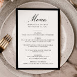 Modern Black Border Wedding Menu<br><div class="desc">This modern wedding menu features “Menu” in elegant black calligraphy, paired with refined serif lettering for the couple’s names, wedding date, and reception courses. A bold black border frames the layout, creating a clean and structured look that feels timeless and polished. The classic typography and strong contrast offer a sophisticated...</div>