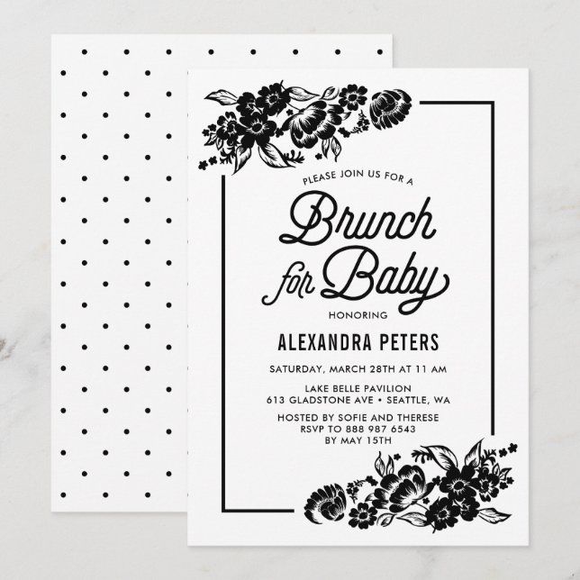 Modern Black Botanical Baby Shower Brunch Invitation (Front/Back)