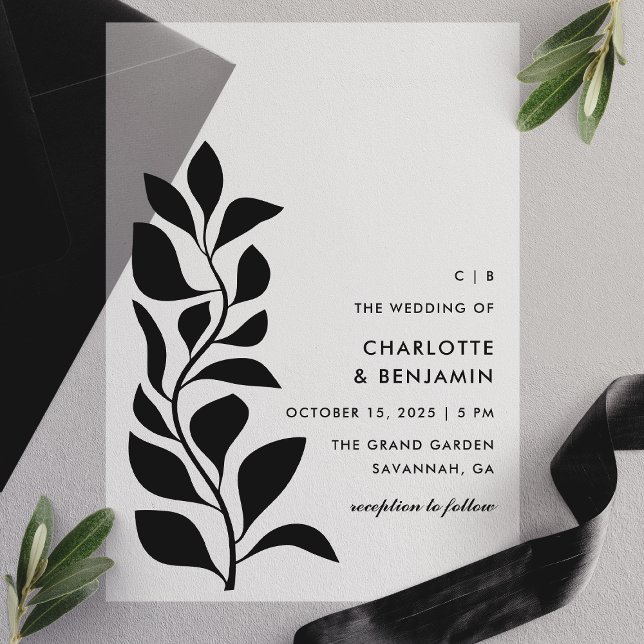 Modern Black Botanical Leaves Wedding Vellum Invitations (Creator Uploaded)