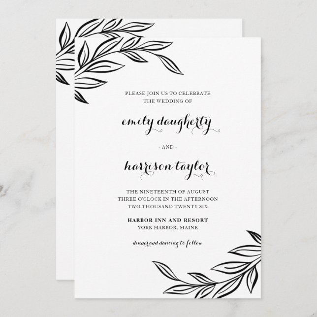 Modern Black Botanical Wedding Invitation (Front/Back)