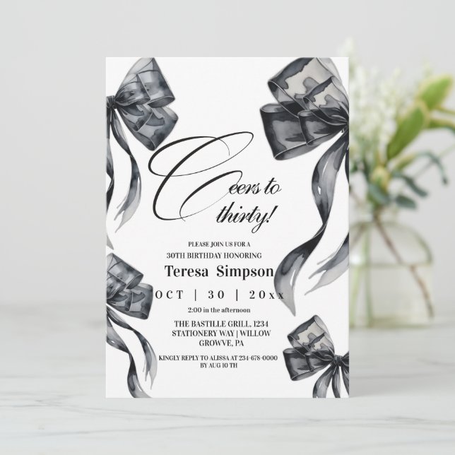 Modern Black Bow 30th Birthday   Invitation (Standing Front)