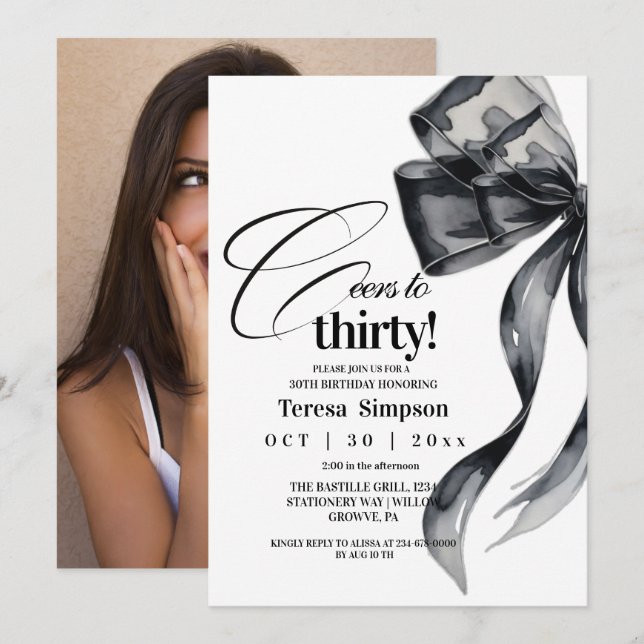 Modern Black Bow 30th Birthday Photo  Invitation (Front/Back)