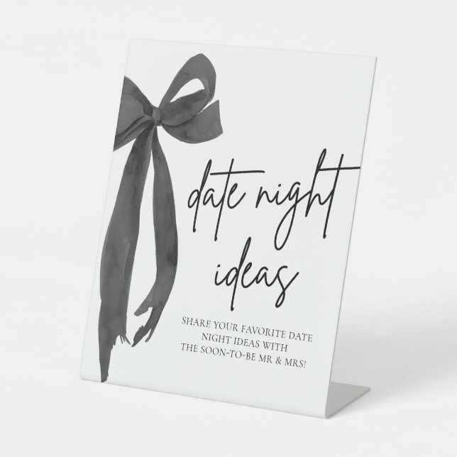 Modern Black Bow Bridal Date Night Ideas Game Sign (Front)