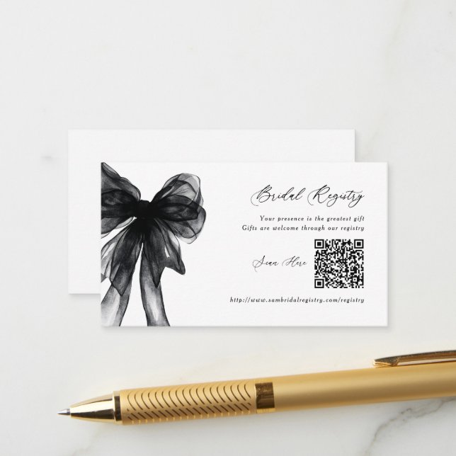  Modern Black Bow Bridal Shower QR Code Registry Enclosure Card (Front/Back In Situ)