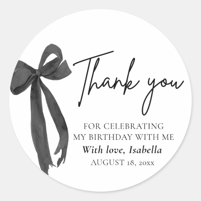 Modern Black Bow Coquette Birthday Thank You Classic Round Sticker (Front)