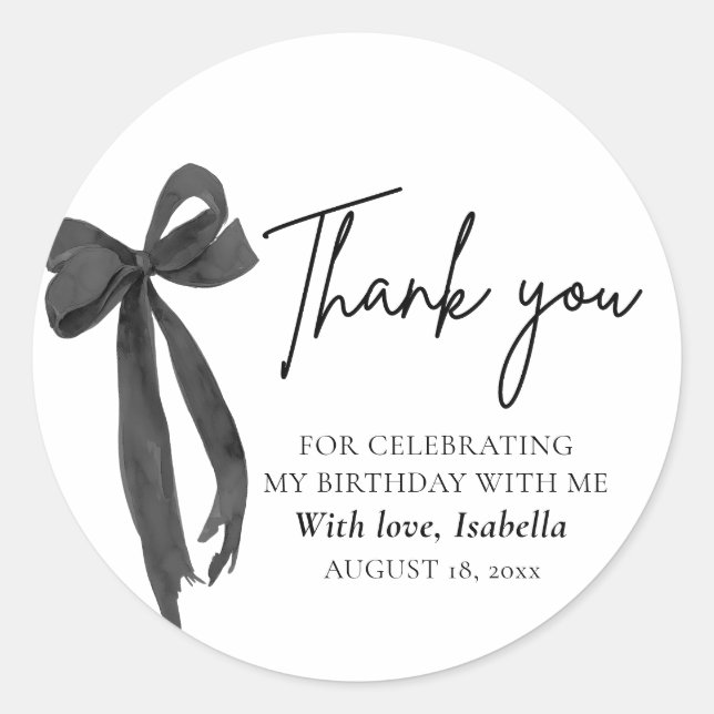 Modern Black Bow Coquette Birthday Thank You Classic Round Sticker (Front)