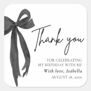 Modern Black Bow Coquette Birthday Thank You Square Sticker