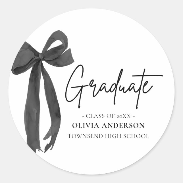 Modern Black Bow Coquette Graduate Graduation Classic Round Sticker (Front)