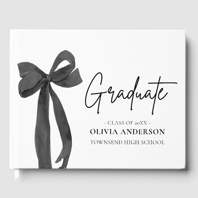 Modern Black Bow Coquette Graduate Graduation Guest Book (Front)