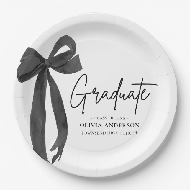 Modern Black Bow Coquette Graduate Graduation Paper Plate (Front)