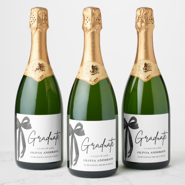 Modern Black Bow Coquette Graduate Graduation Sparkling Wine Label (Bottles)