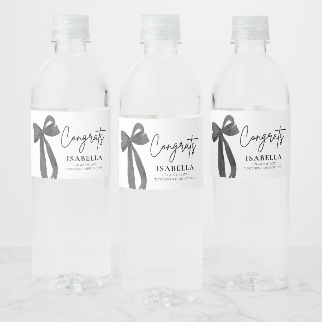 Modern Black Bow Coquette Graduate Graduation Water Bottle Label (Bottles)