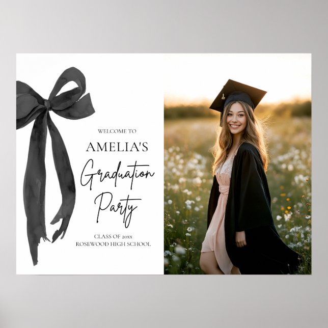 Modern Black Bow Coquette Graduation Party Welcome Poster (Front)