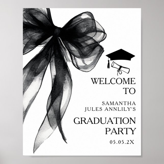 Modern Black Bow Graduation Party Welcome Sign (Front)