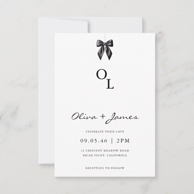 Modern Black Bow Monogram Wedding Invitation (Front)