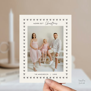 Modern Black Bow Pattern Family Photo Christmas Postcard
