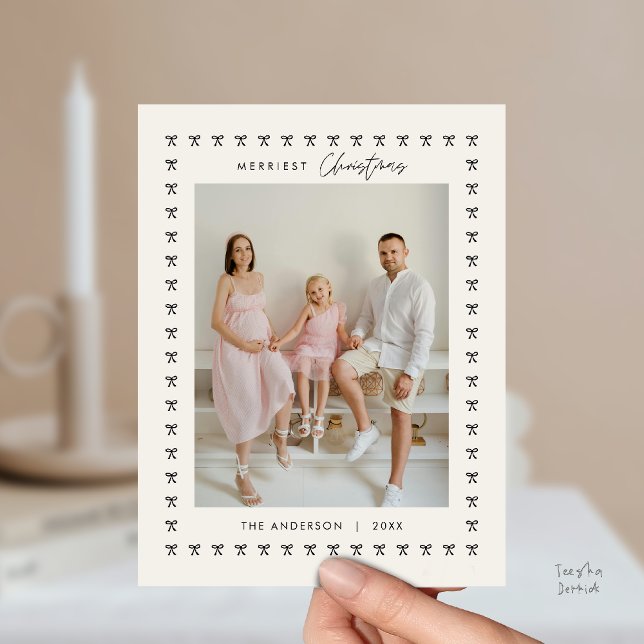 Modern Black Bow Pattern Family Photo Christmas Postcard (Modern Black Bow Pattern Family Photo Classy Elegant Christmas Postcard in Beige Background)