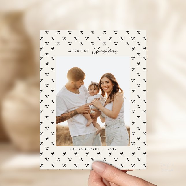 Modern Black Bow Pattern Family Photo Christmas Postcard (Modern Black Bow Pattern Family Photo Christmas Postcard in Vintage beige theme)