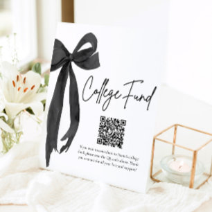 Modern Black Bow QR Code College Fund Graduation Pedestal Sign