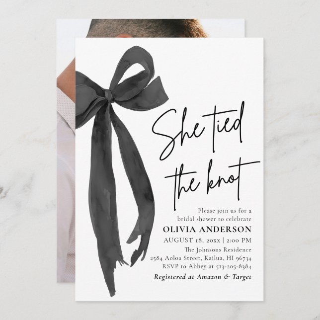 Modern Black Bow She Tied the Knot Bridal Shower Invitation (Front/Back)