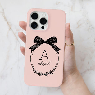 Modern Black Bow Stylish Girly Blush Pink Monogram iPhone 15 Pro Max Case