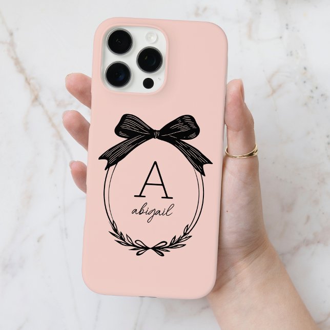 Modern Black Bow Stylish Girly Blush Pink Monogram Case-Mate iPhone Case (Modern Black Bow Stylish Girly Blush Pink Monogram Case-Mate iPhone Case)
