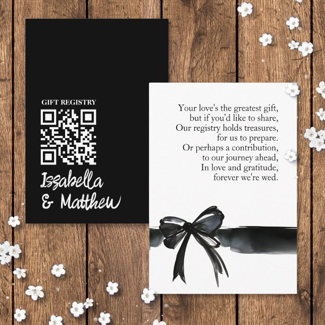 Modern Black Bow Wedding Registry Poem QR Card (Modern Black White Bow Wedding Registry Poem QR Card stationary saying ribbon trendy money or gift )
