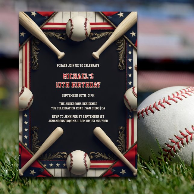 Modern Black Boys Sport Baseball Birthday Party Invitation (Baseball Birthday Invitation – All-Star 10th Birthday Party for Kids Invitation)